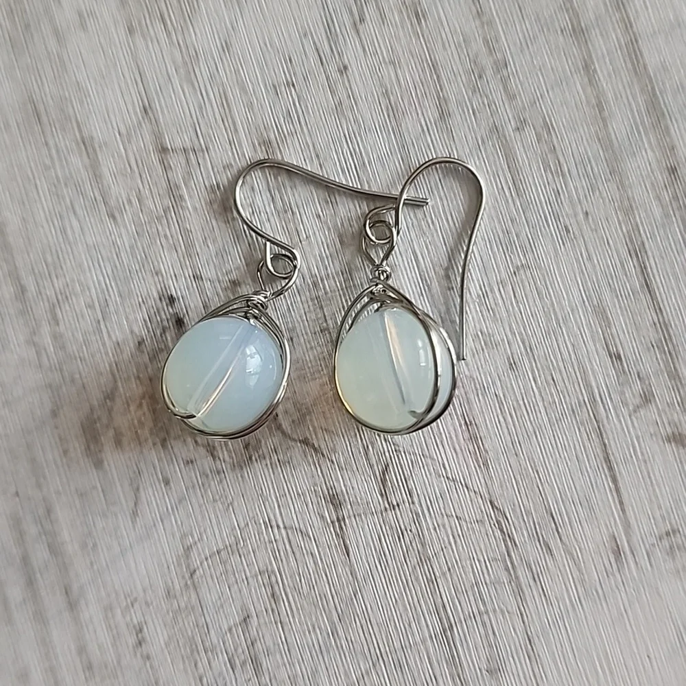 Simple Dangle Moonstone Bead wire Wrapped Earrings